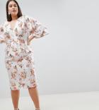 Asos Design Curve Kimono Midi Dress In Printed Floral Jacquard - Multi