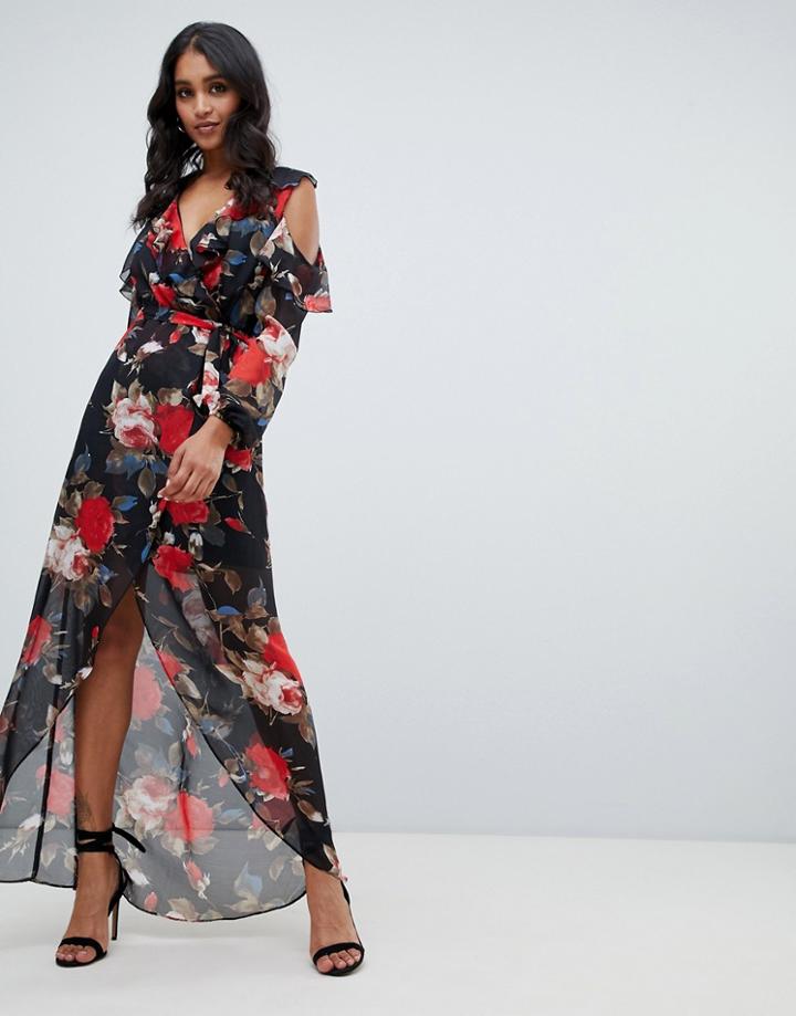 Lipsy Cold Shoulder Ruffle Maxi Dress In Floral Print - Multi