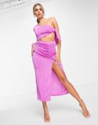 Asos Design One Shoulder Tie Side Cut-out Midi Dress In Fuschia Pink
