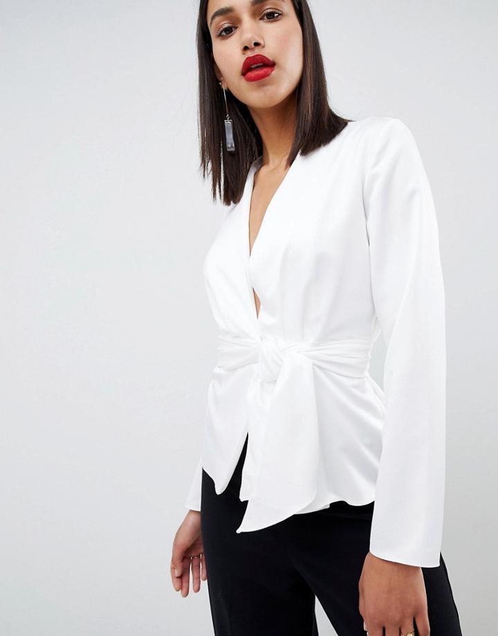 Asos Design Long Sleeve Satin Wrap Top With Tie Waist Detail-white