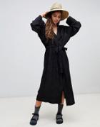 Weekday Jacquard Satin Tie Front Midi Dress In Black - Multi