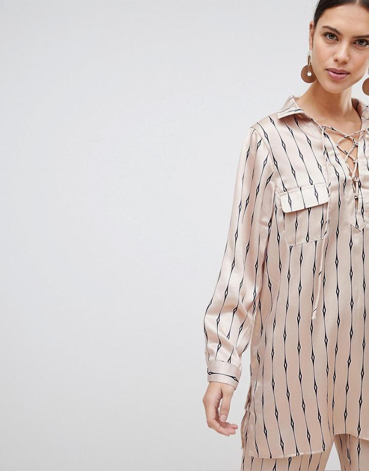 None The Richer Stevie Printed Lace Up Silk Blend Shirt - Beige