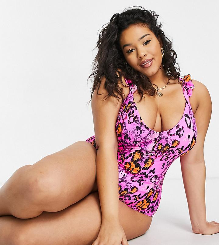 Simply Be Swimsuit With Ruffle In Pink Animal-multi