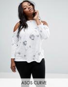 Asos Curve Cold Shoulder Top In Sketchy Rose Print - Multi