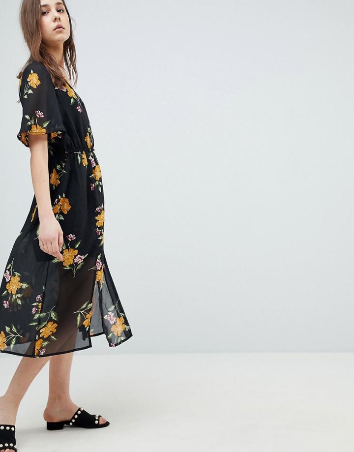 Influence Button Front Kimono Sleeve Midi Dress In Floral Print - Black