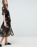 Influence Button Front Kimono Sleeve Midi Dress In Floral Print - Black