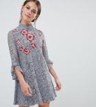 Little Mistress Petite Lace Mini Shift Dress With Embroidery Detail - Gray