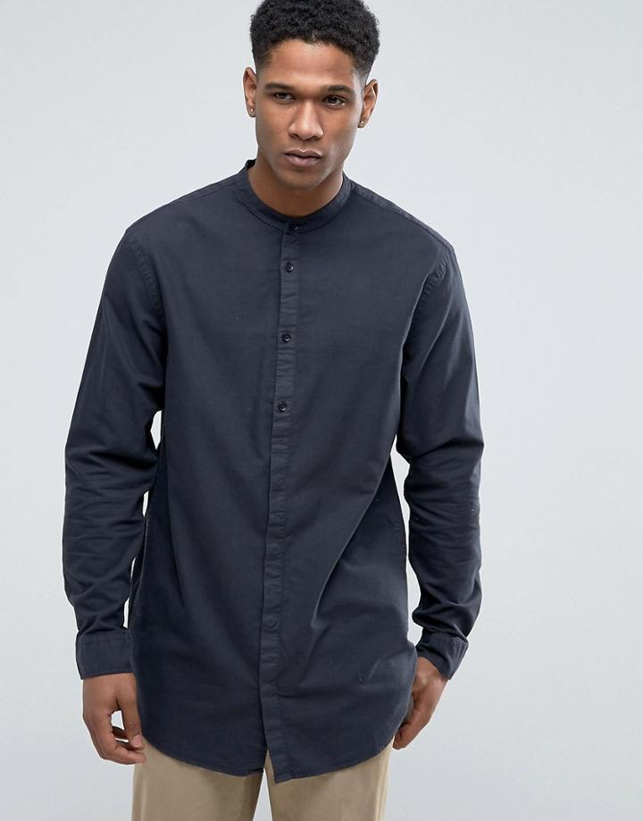 Kiomi Longline Shirt With Grandad Collar - Black
