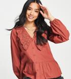 Influence Petite Broderie Collared Blouse In Rust-orange