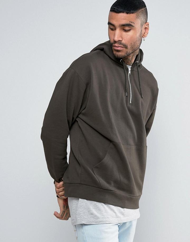 Asos Oversized Hoodie With Half Zip In Khaki - Green
