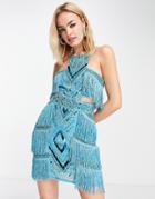 Asos Design High Neck Embellished Mini Dress With Fringe In Blue