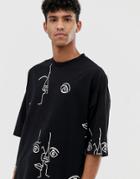 Asos Design Oversized T-shirt With All Over Line Print - Black