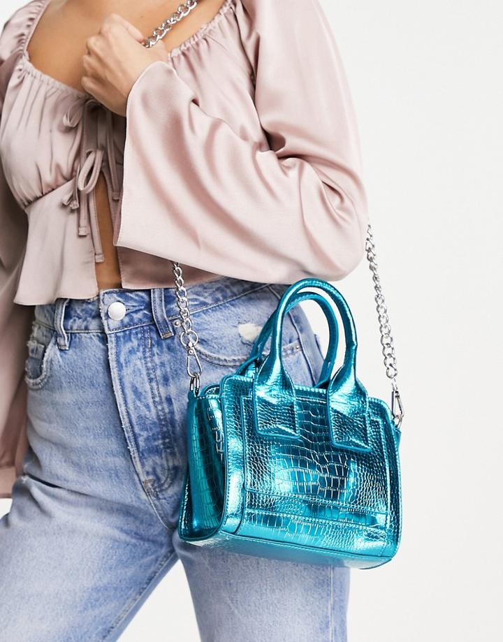 Ego Boxy Shoulder Bag In Blue Metallic Croc