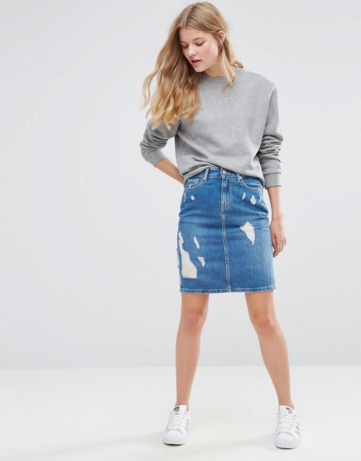 Pepe Jeans Penny Ripped Denim Pencil Skirt - Blue