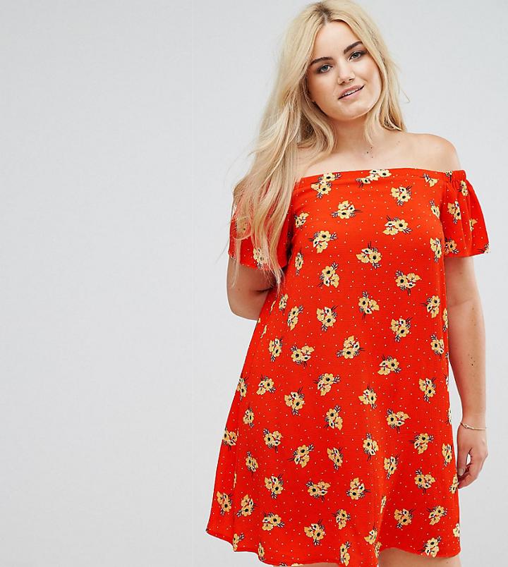 New Look Curve Bardot Dress In Red Pattern - Red