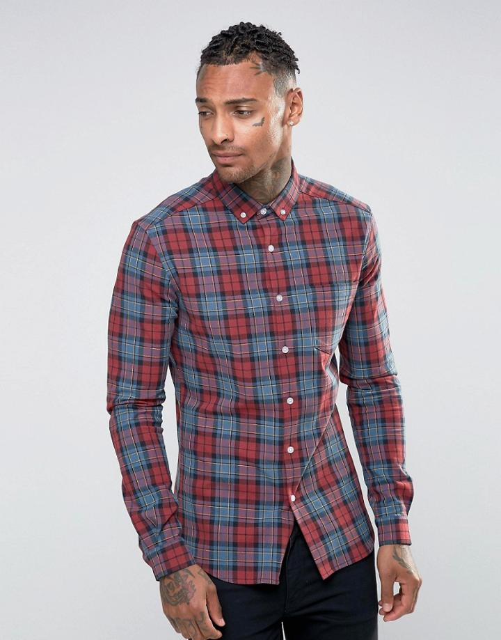 Asos Skinny Check Shirt In Burgundy - Red