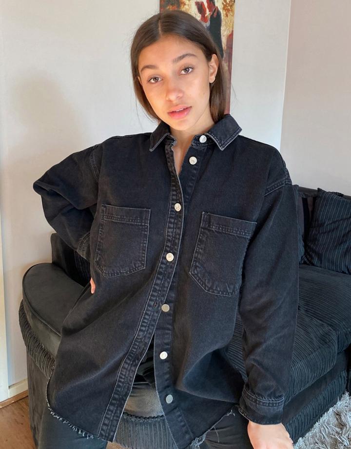 Topshop Denim Shirt In Washed Black