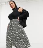 Asos Design Curve Button Through Midi Skirt With Deep Pocket Detail In Blurred Floral Print-multi