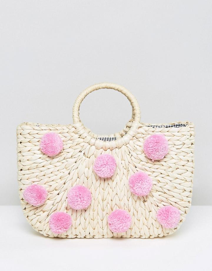 Skinnydip Straw Bag With All Over Pink Pom Poms - Beige