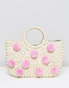 Skinnydip Straw Bag With All Over Pink Pom Poms - Beige