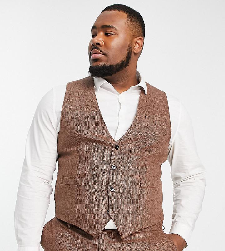 Gianni Feraud Plus Slim Fit Herringbone Wool Blend Waistcoat-brown