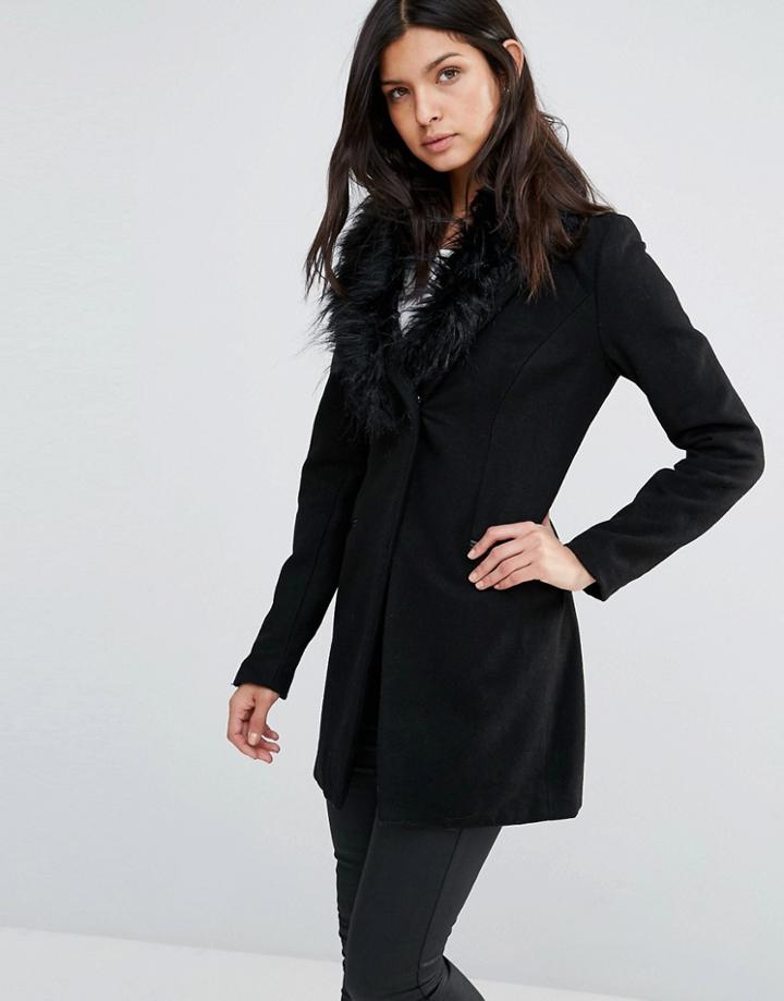 Little Mistress Coat With Faux Fur Collar - Black