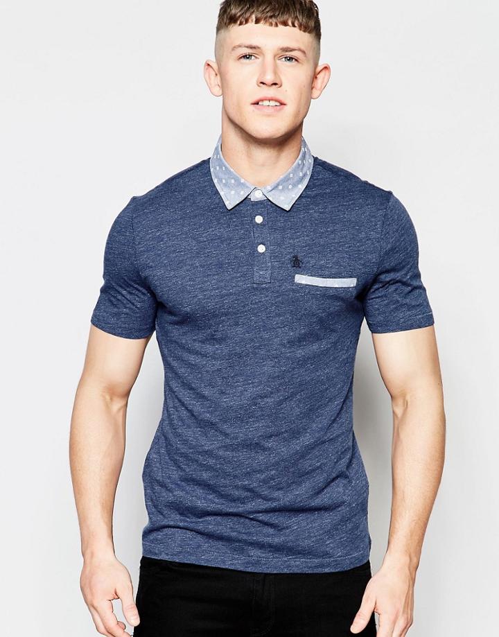 Original Penguin Heritage Fit Slub Jersey Pocket Polo Shirt - Blue