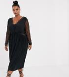 Asos Design Curve Lace And Pleat Long Sleeve Midi Dress-black