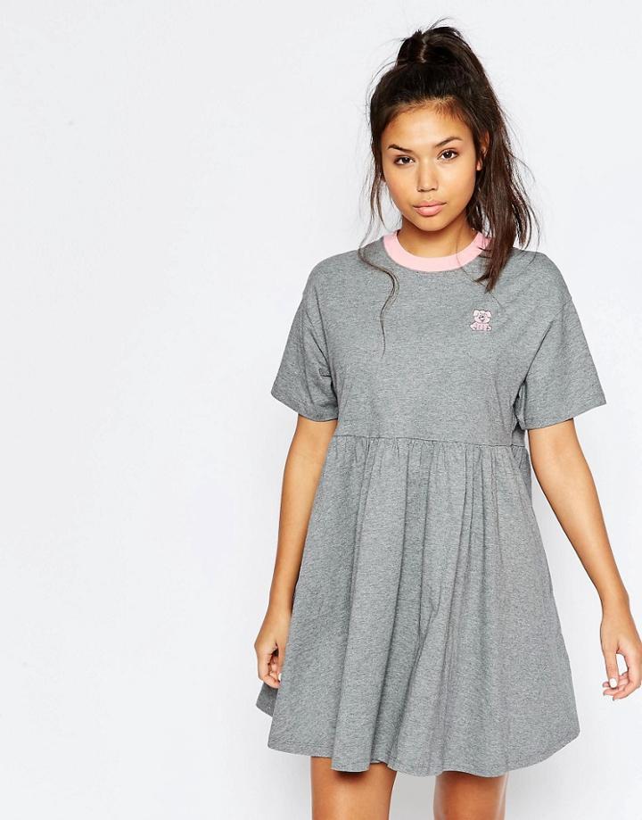 Lazy Oaf Jersey Retro T-shirt Dress With Puppy Icon - Gray