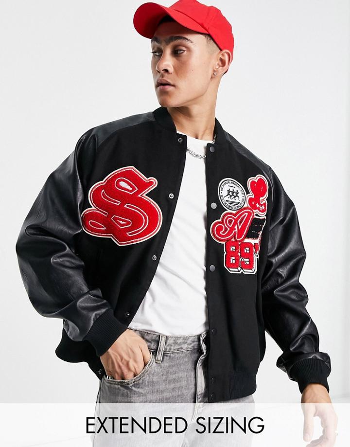 Asos Design Oversized Varsity Bomber Jacket In Black With Collegiate Badges