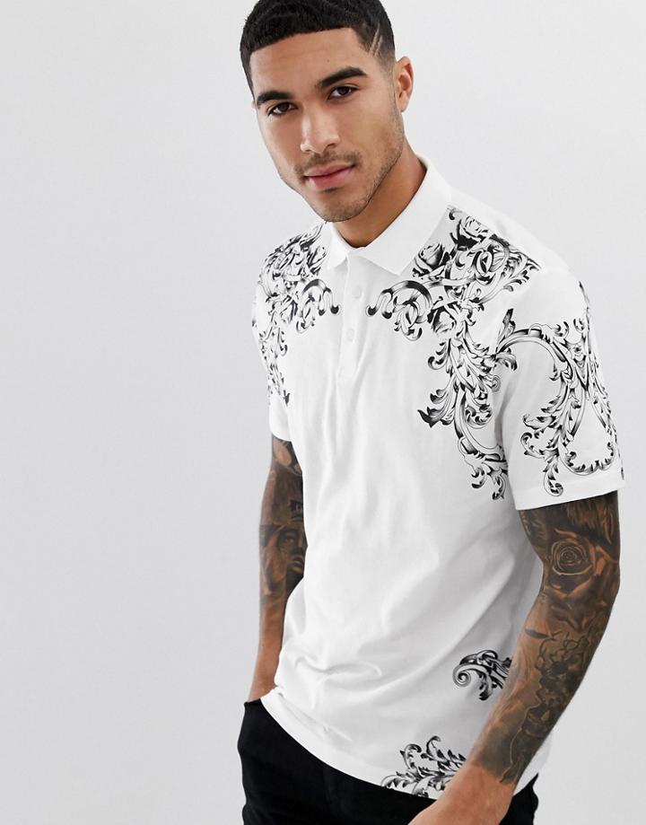 Asos Design Organic Coton Relaxed Polo With Contrast Print-white