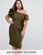 Asos Curve One Shoulder Bardot Pencil Dress With Bow Detail - Green