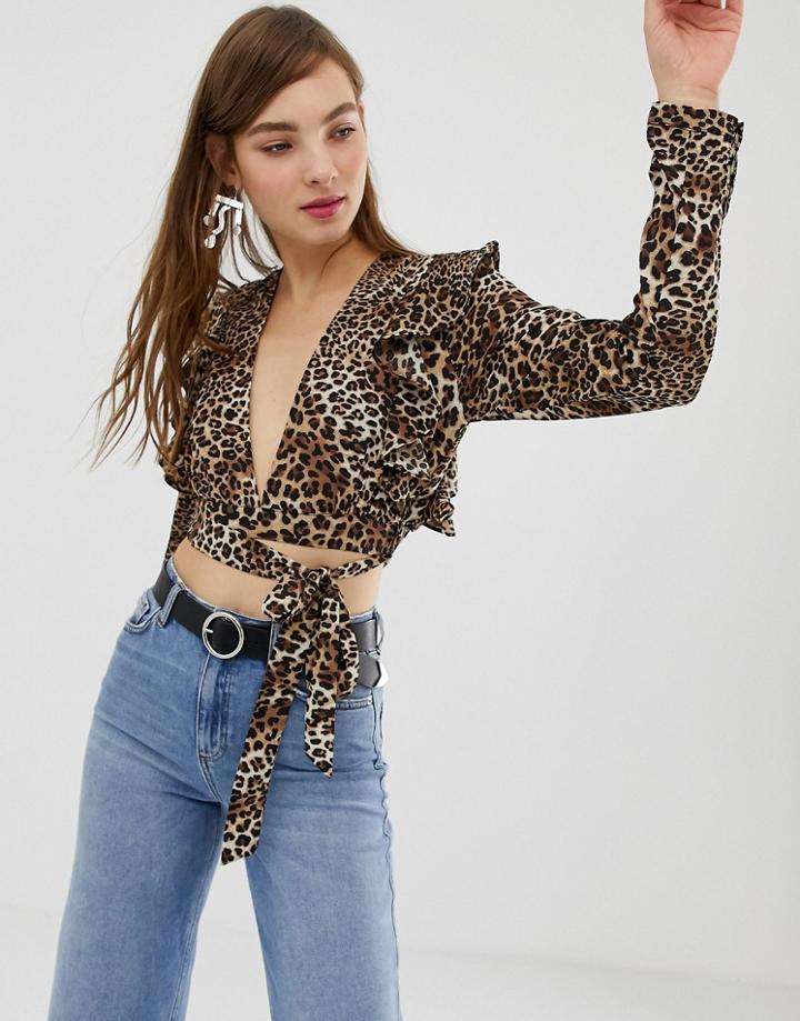 Glamorous Plunge Front Top With Flutter Sleeve In Leopard-brown