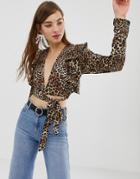 Glamorous Plunge Front Top With Flutter Sleeve In Leopard-brown