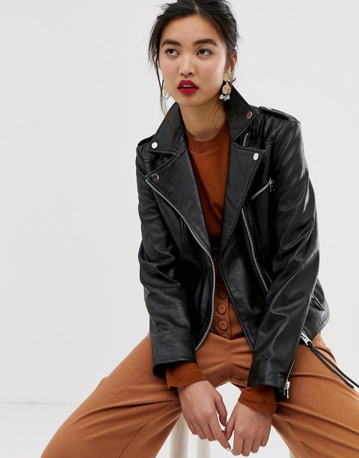 Mango Leather Biker Jacket In Black - Black