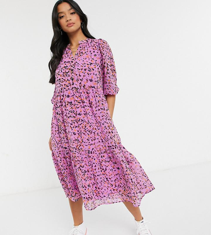 Vero Moda Petite Midi Smock Dress With V Neck In Pink Micro Floral-multi