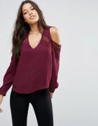 Asos Cold Shoulder Blouse With Lace Insert - Red