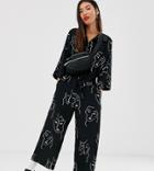 Monki Faces Print Drawstring Waist Jumpsuit In Black - Black