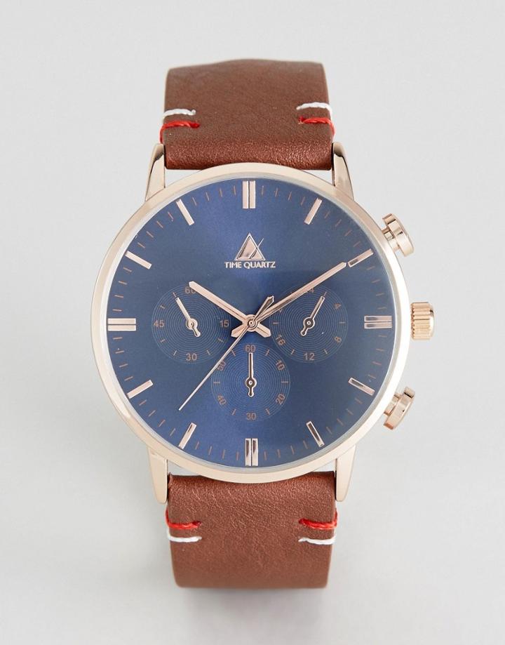 Asos Watch With Brown Faux Leather Strap And Navy Face - Brown