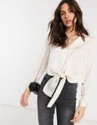 Asos Design Long Sleeve Satin Shirt With Tie Front In Almond-brown