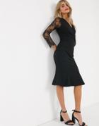 Lipsy Plunge Front Fluted Hem Pencil Dress With Lace Sleeves In Black