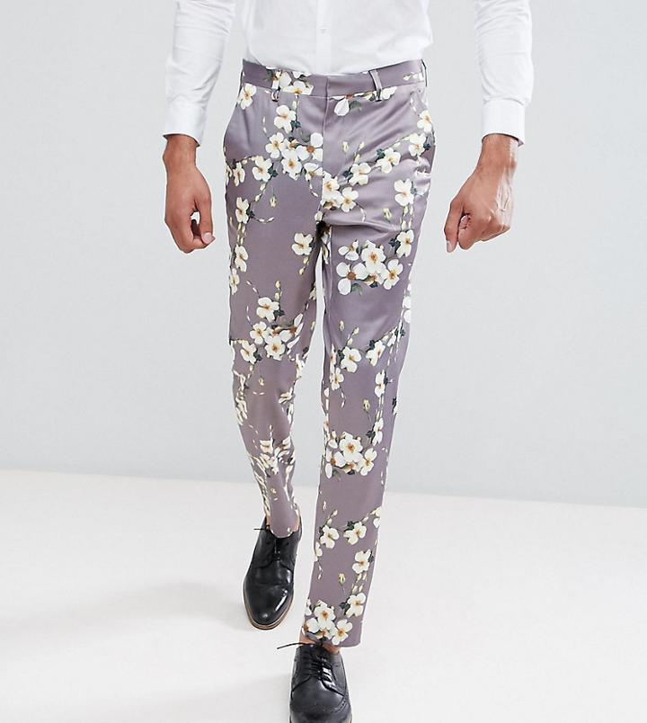 Asos Tall Wedding Skinny Crop Smart Pants With Light Gray Floral Print - Gray