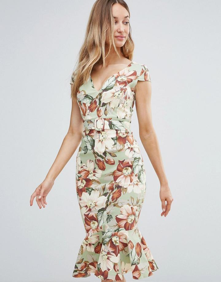 Vesper Vintage Floral Midi Dress With Peplum Hem - Green