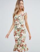 Vesper Vintage Floral Midi Dress With Peplum Hem - Green