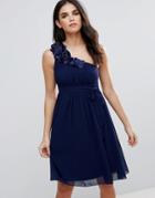 Little Mistress One Shoulder Prom Dress With Floral Corsage - Navy