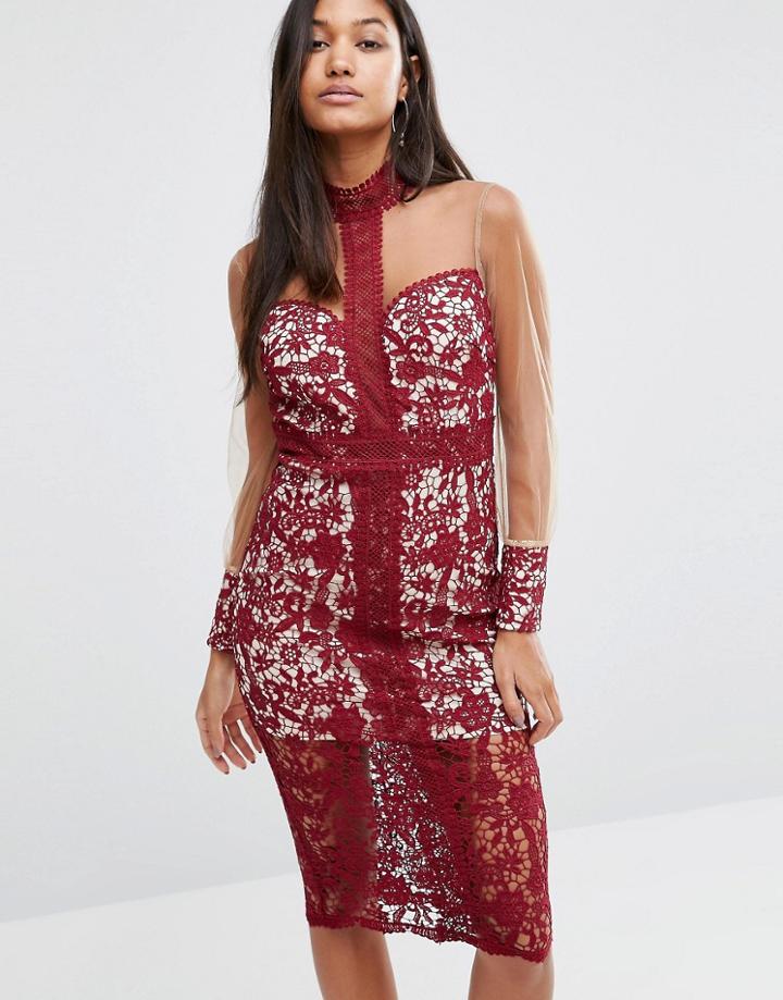Love Triangle Longsleeve Midi Dress In Lace - Black
