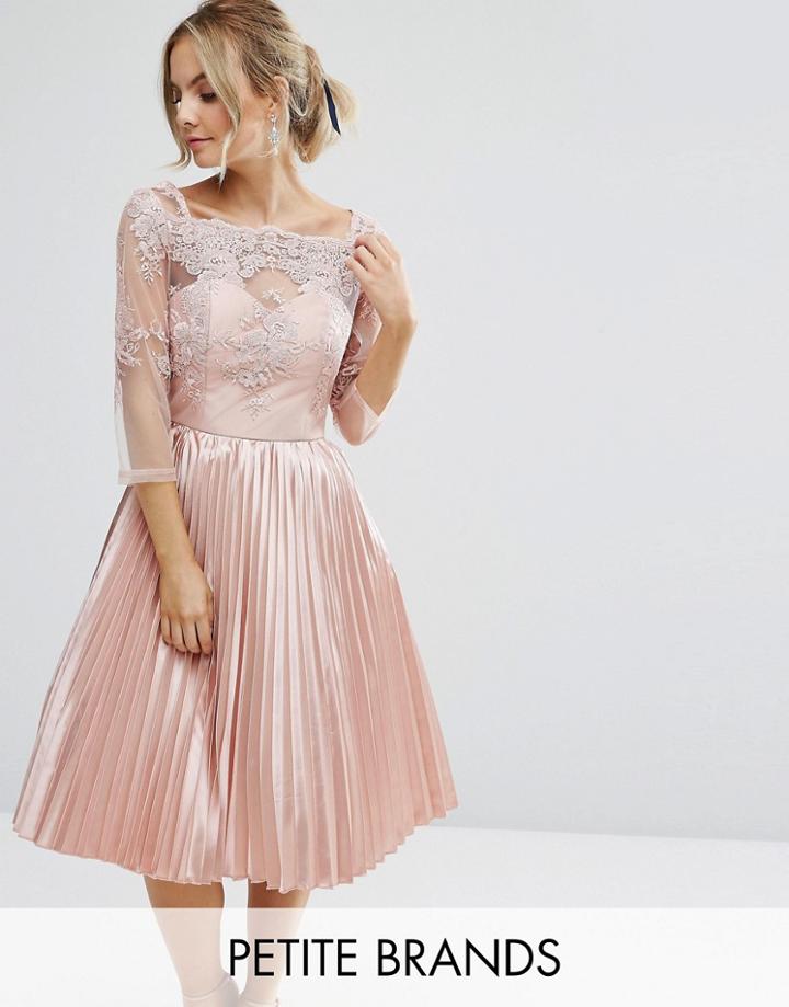 Chi Chi Petite Lace Top Bardot Dress With Pleated Skirt - Pink