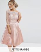 Chi Chi Petite Lace Top Bardot Dress With Pleated Skirt - Pink