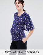 Asos Maternity Nursing Kimono Wrap Top In Navy Ditsy Print - Multi