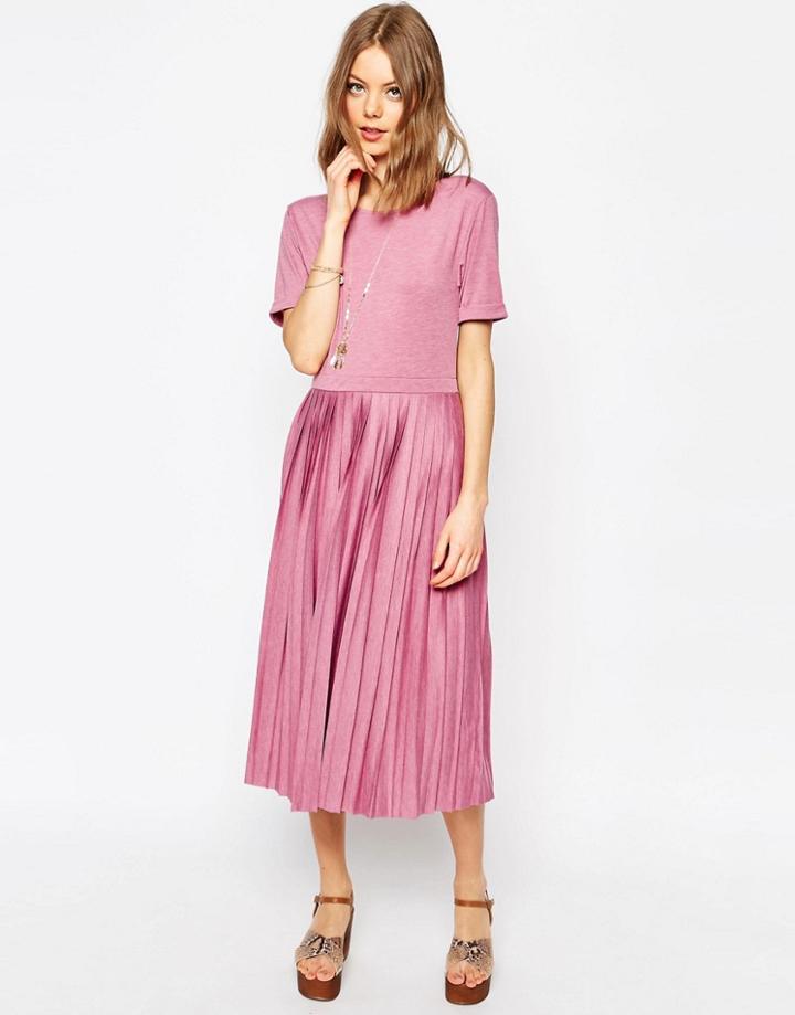 Asos Pleated Midi Dress - Pink